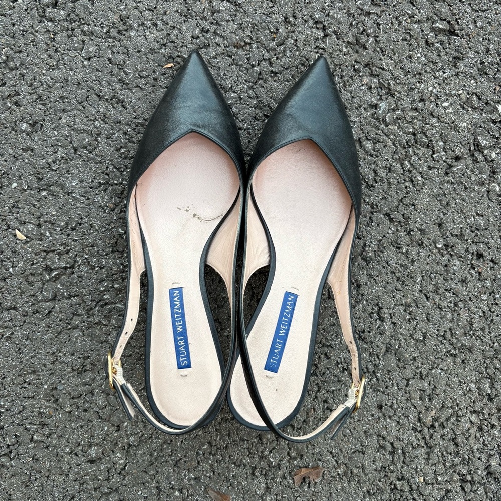 Stuart Weitzman Black Leather Slingback Kitten Heels